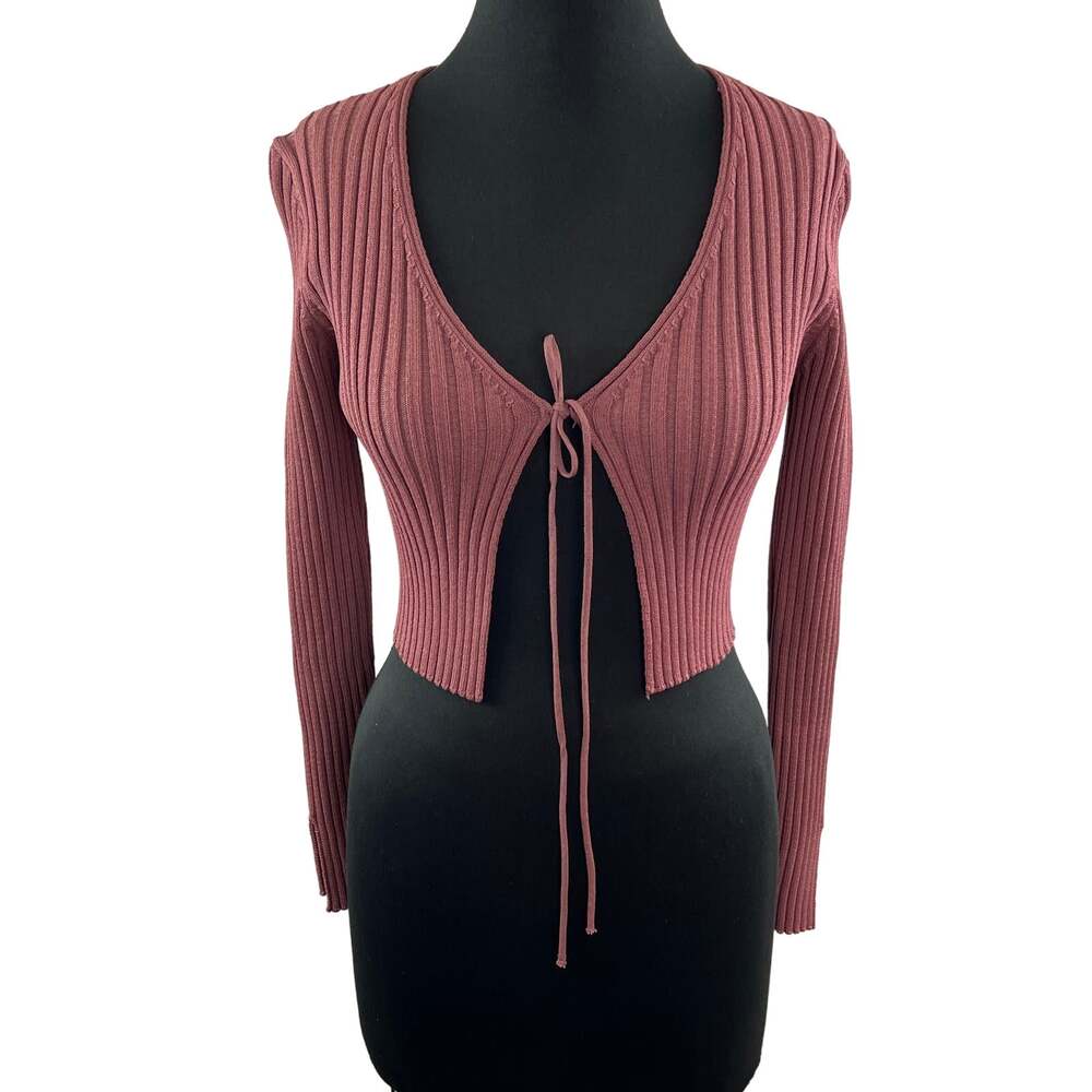 ZARA Mauve Pink Top Ribbed Knit Open Front Tie Front Classic Size Small S NEW
